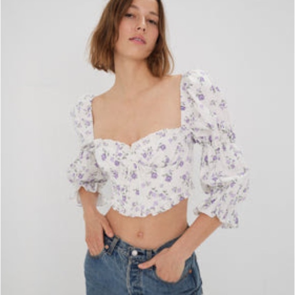 Floral Puff Sleeve Crop Top - White and Purple